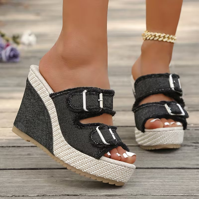 Zoya - Fray Edge Wedge Sandals With Modern Comfort Lift
