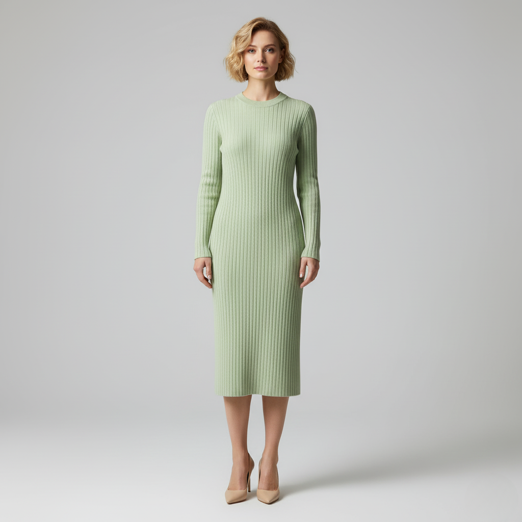 Ribbed Knit Midi Dress in Soft Sage Green