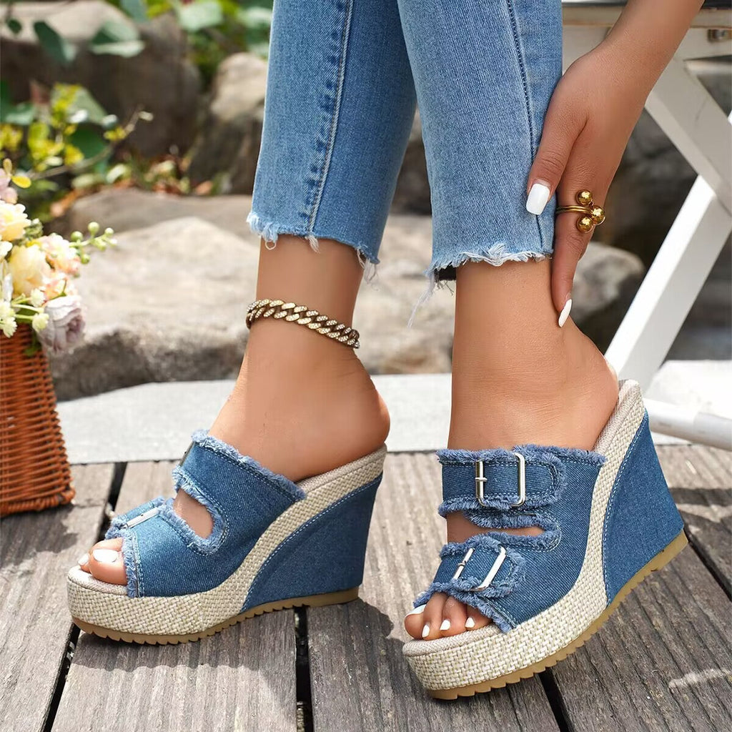 Zoya - Fray Edge Wedge Sandals With Modern Comfort Lift