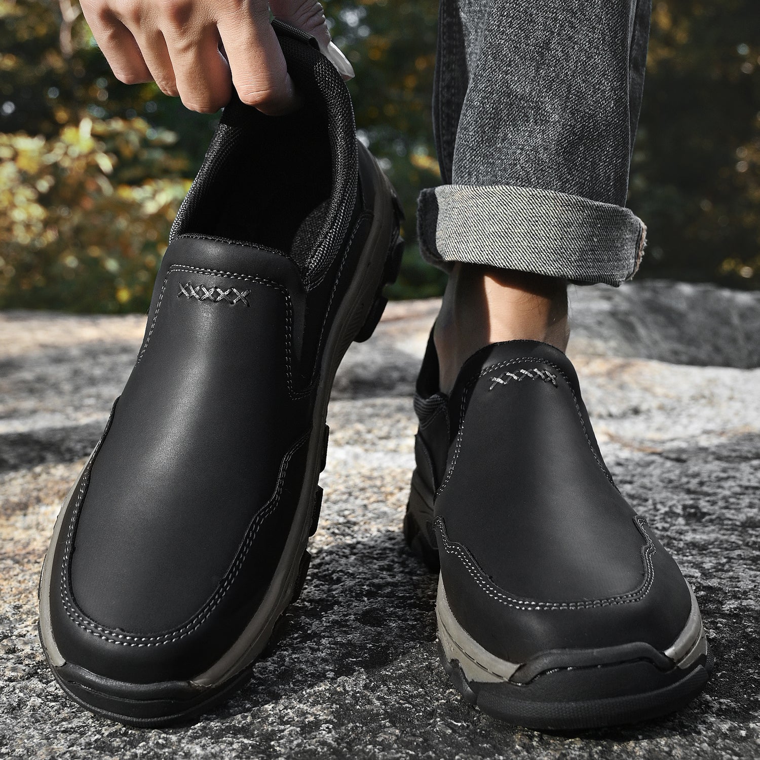 Mostelo® Mens Slip On Casual Outdoor Leather Walking Hiking Shoes V3382/V3699