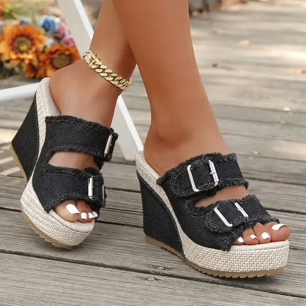 Zoya - Fray Edge Wedge Sandals With Modern Comfort Lift