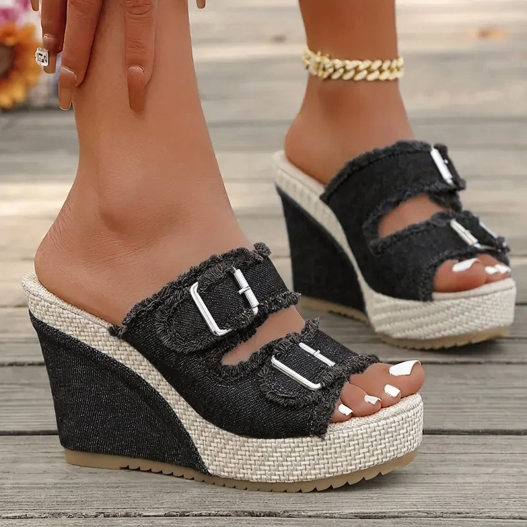 Zoya - Fray Edge Wedge Sandals With Modern Comfort Lift