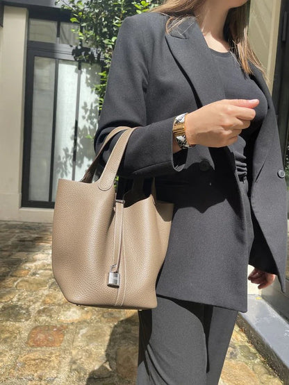 Structured Bucket Tote with Lock Detail