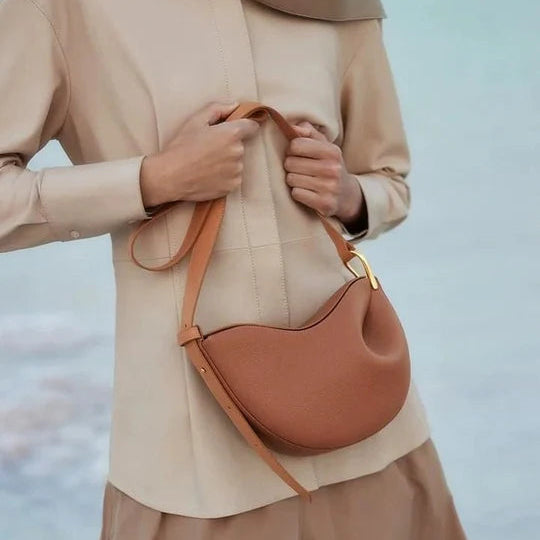 Curved Grain Shoulder Bag with Gold-Tone Accent
