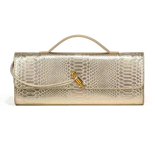 Snake-Embossed Handle Clutch with Gold-Tone Twist Detail