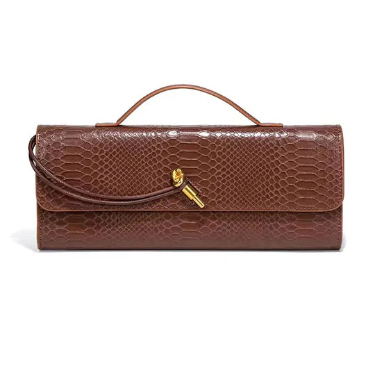 Snake-Embossed Handle Clutch with Gold-Tone Twist Detail