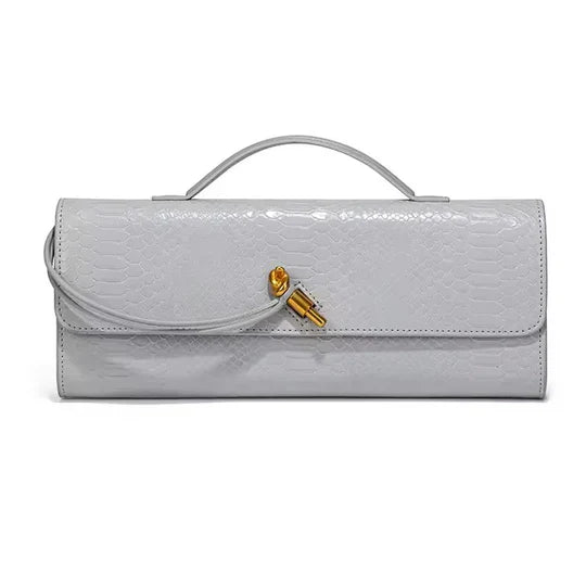 Snake-Embossed Handle Clutch with Gold-Tone Twist Detail